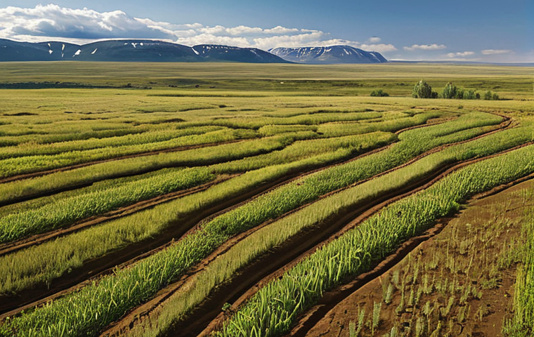**
Vast Russian landscape featuring diverse climate zones from tundra to steppes. Showcase agriculture with fertile plains yielding grains contrasted by challenging mountainous terrain, emphasizing soil variations from chernozem to podzol.
**