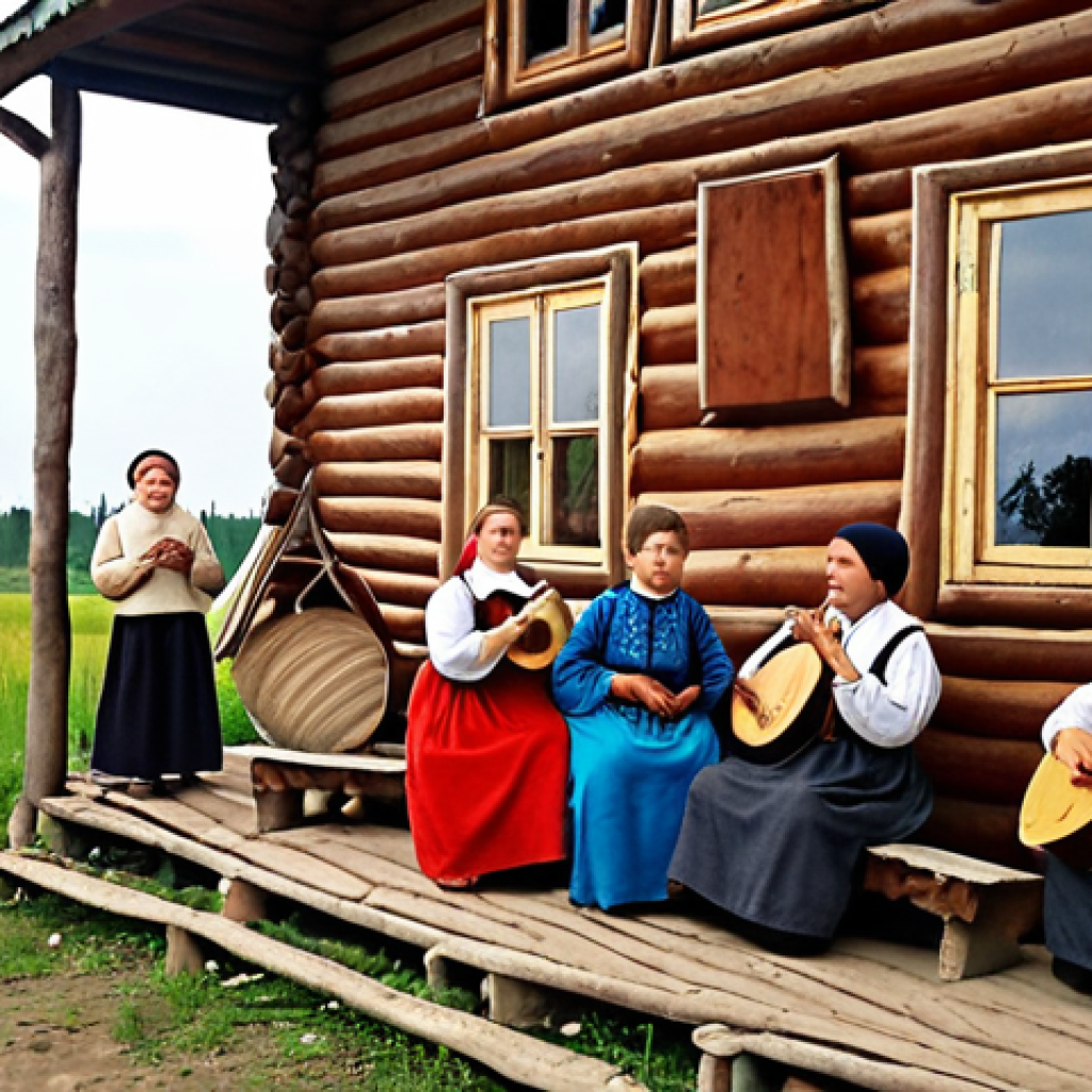 A scene capturing the soul of Russian folk music: Imagine a serene Russian village with traditional wooden houses (izbas). In the foreground, a group of villagers in vibrant, traditional Russian clothing are singing and playing instruments like the balalaika and domra. The atmosphere should evoke feelings of nostalgia, warmth, and the beauty of simple rural life. Focus on conveying the emotions embedded in the music through the expressions of the people and the details of the setting. Make it colorful and lively, reflecting a celebration of culture and heritage.