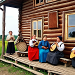 A scene capturing the soul of Russian folk music: Imagine a serene Russian village with traditional wooden houses (izbas). In the foreground, a group of villagers in vibrant, traditional Russian clothing are singing and playing instruments like the balalaika and domra. The atmosphere should evoke feelings of nostalgia, warmth, and the beauty of simple rural life. Focus on conveying the emotions embedded in the music through the expressions of the people and the details of the setting. Make it colorful and lively, reflecting a celebration of culture and heritage.