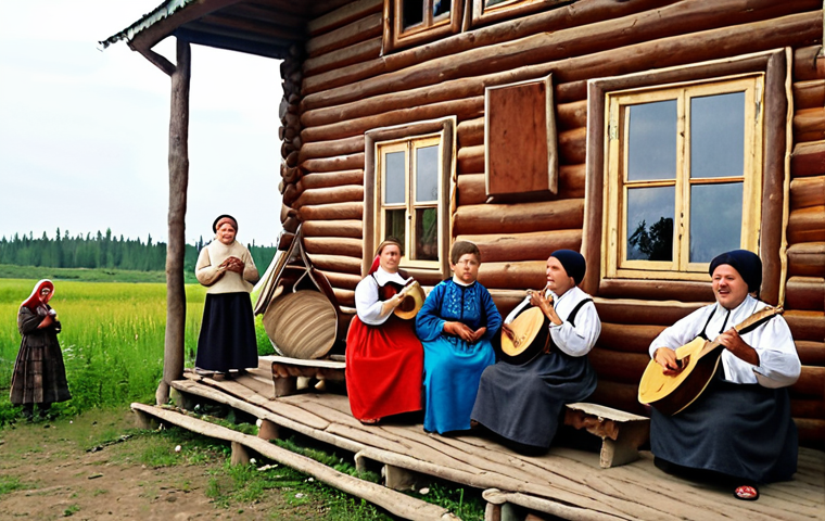 A scene capturing the soul of Russian folk music: Imagine a serene Russian village with traditional wooden houses (izbas). In the foreground, a group of villagers in vibrant, traditional Russian clothing are singing and playing instruments like the balalaika and domra. The atmosphere should evoke feelings of nostalgia, warmth, and the beauty of simple rural life. Focus on conveying the emotions embedded in the music through the expressions of the people and the details of the setting. Make it colorful and lively, reflecting a celebration of culture and heritage.