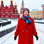 **

"A young woman walking on a snowy street in Moscow, fully clothed in a bright red oversized wool coat, a colorful patterned scarf, and a warm wool hat. The background shows classic Russian architecture with snow-covered roofs. Perfect anatomy, correct proportions, well-formed hands, proper finger count, natural pose. Safe for work, appropriate content, professional, modest, family-friendly, high quality, professional photography."

**
