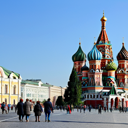 **

"A grand view of Moscow's Red Square, featuring St. Basil's Cathedral with its colorful domes, fully clothed people strolling, appropriate attire, safe for work, perfect anatomy, natural proportions, professional photography, high quality, daytime scene, clear sky, family-friendly atmosphere, historic architecture."

**