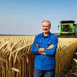**

A Russian farmer stands proudly in a vast wheat field, examining a stalk of grain. He is fully clothed in practical, modest farming attire, with a backdrop of modern agricultural equipment like a combine harvester in the distance. The scene emphasizes the use of technology in agriculture. Perfect anatomy, natural proportions, professional photography, safe for work, appropriate content, fully clothed, professional.

**