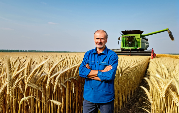 **

A Russian farmer stands proudly in a vast wheat field, examining a stalk of grain. He is fully clothed in practical, modest farming attire, with a backdrop of modern agricultural equipment like a combine harvester in the distance. The scene emphasizes the use of technology in agriculture. Perfect anatomy, natural proportions, professional photography, safe for work, appropriate content, fully clothed, professional.

**